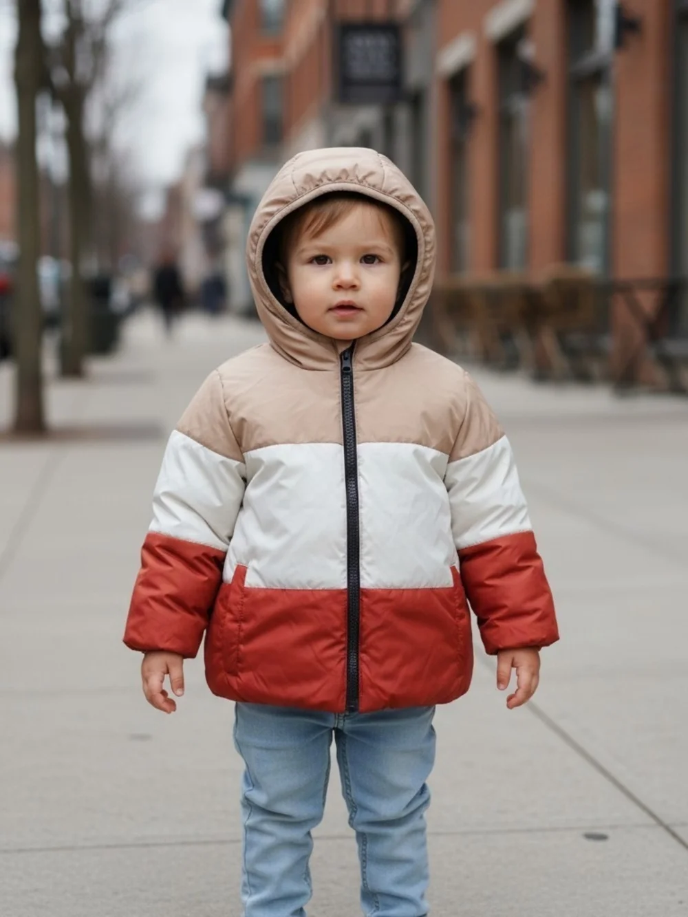 Kids Swiss Tech Puffer Winter Coat In White, Tan And Red Size 4T